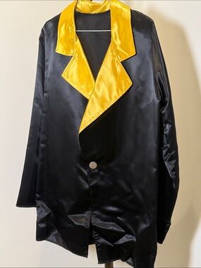 Men's Black Satin Shirt Jacket with Yellow Contrast Collar